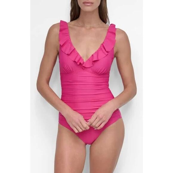 DKNY Ruffle Plunge Underwire Tummy Control One-Piece Swimsuit PINK XXL - Picture 2 of 12